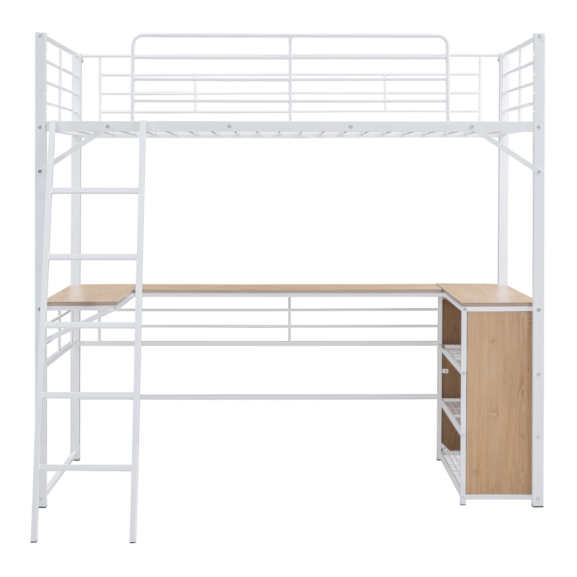 Twin Size Metal Loft Bed With 3 Layers Of Shelves And L Shaped Desk, White White Metal