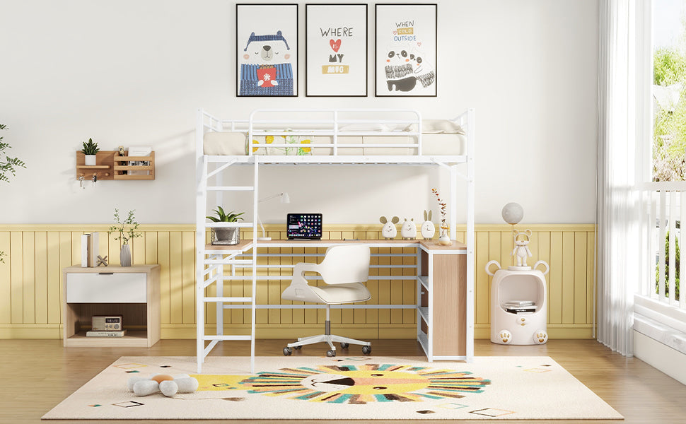 Full Size Metal Loft Bed With 3 Layers Of Shelves And L Shaped Desk, White White Metal