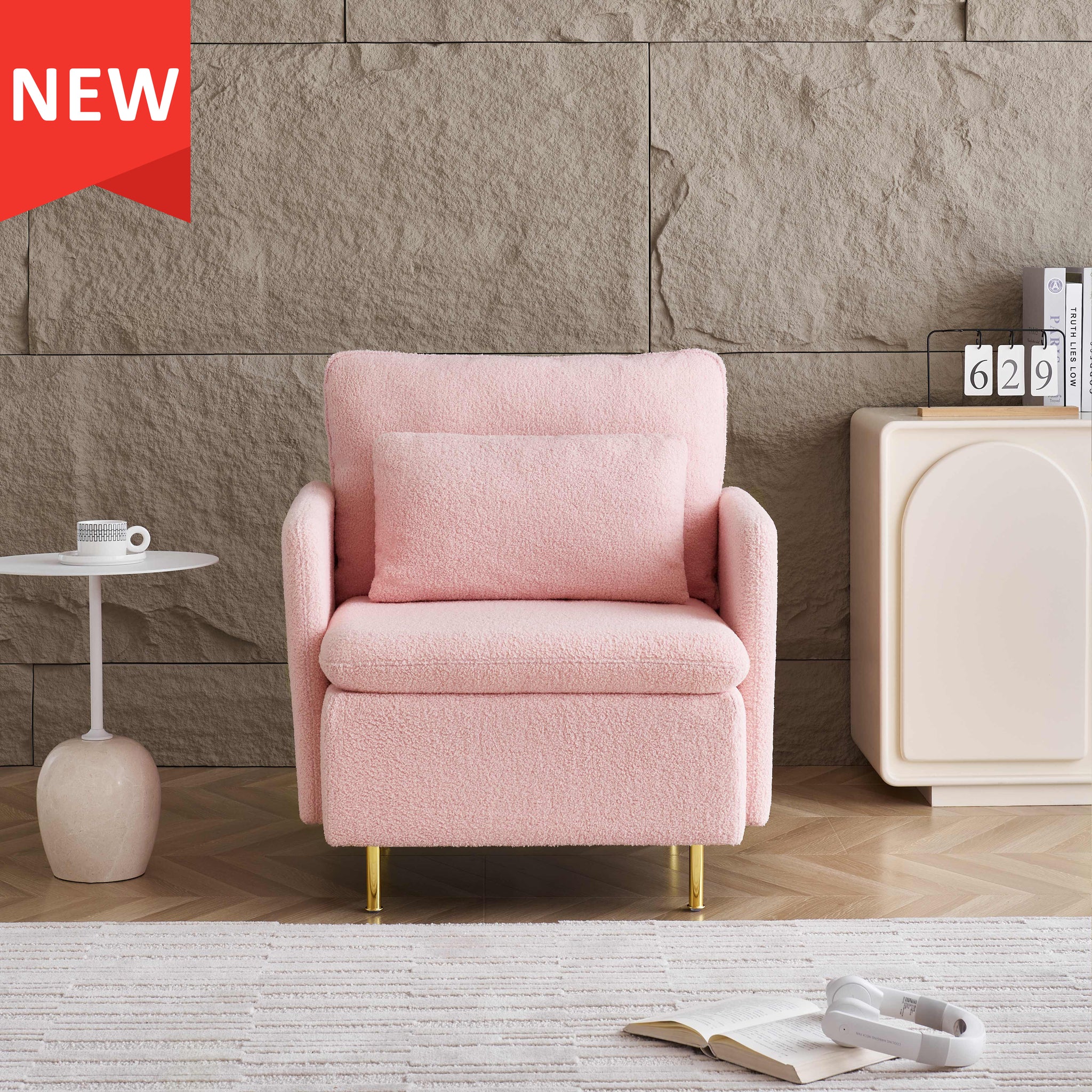 Modern Accent Chair, Sherpa Upholstered Cozy Comfy Armchair, Furry Reading Chair With Slim Armrest, Fuzzy Single Club Sofa Chairs For Living Room Bedroom Waiting Room Office Ivory Pink Foam Solid Wood