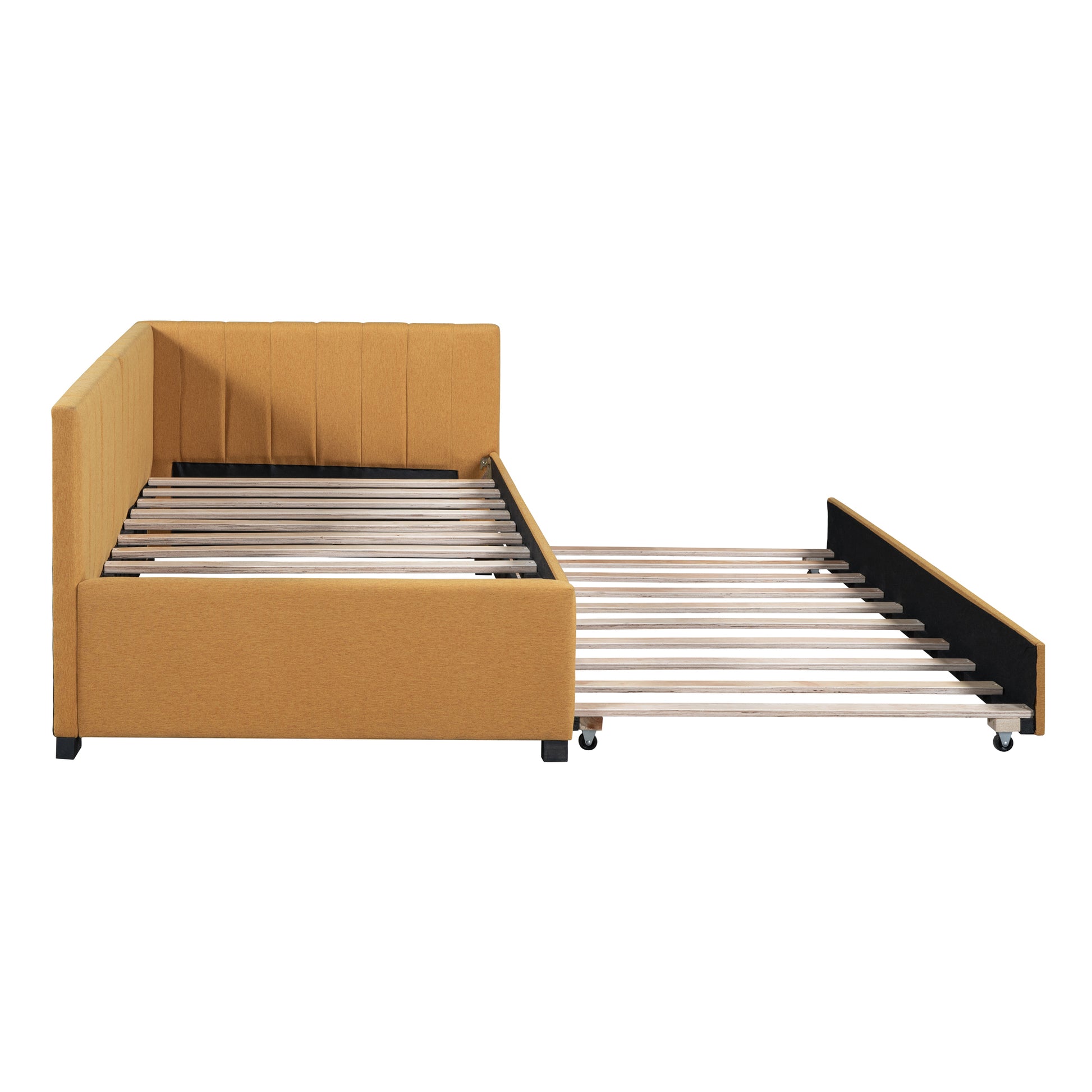 Upholstered Daybed With Trundle Twin Size Sofa Bed Frame No Box Spring Needed, Linen Fabric Yellow Yellow Linen