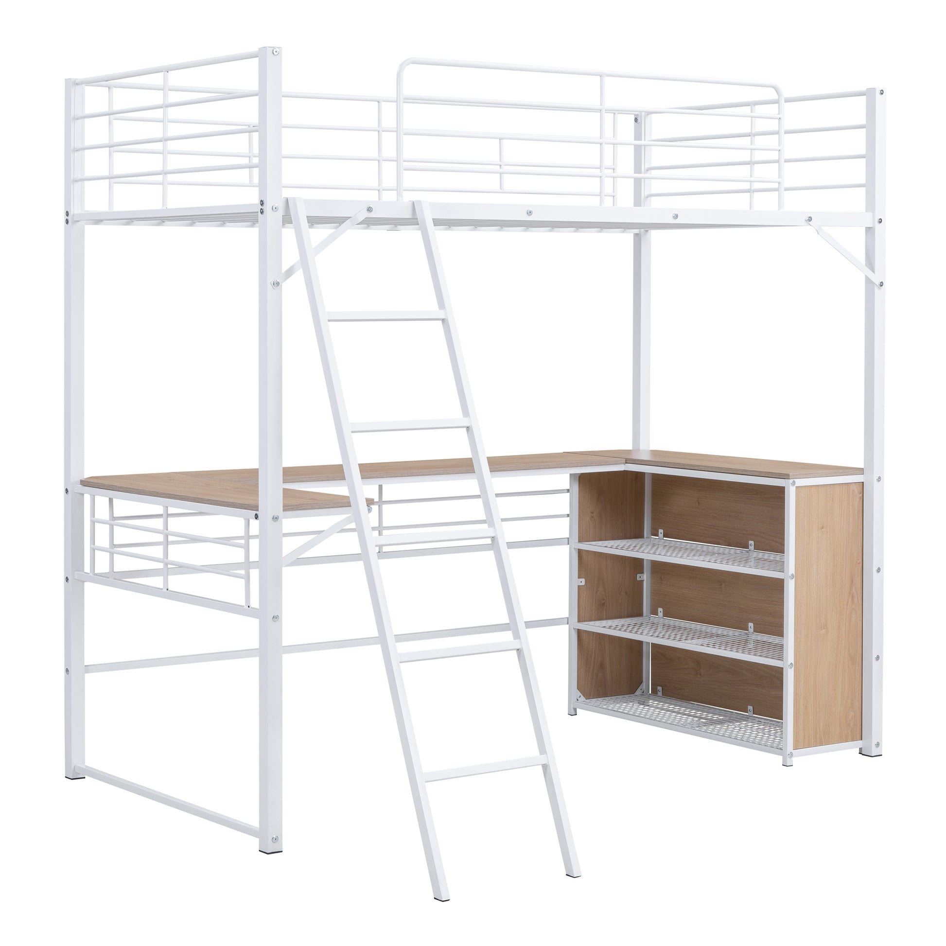 Twin Size Metal Loft Bed With 3 Layers Of Shelves And L Shaped Desk, White White Metal