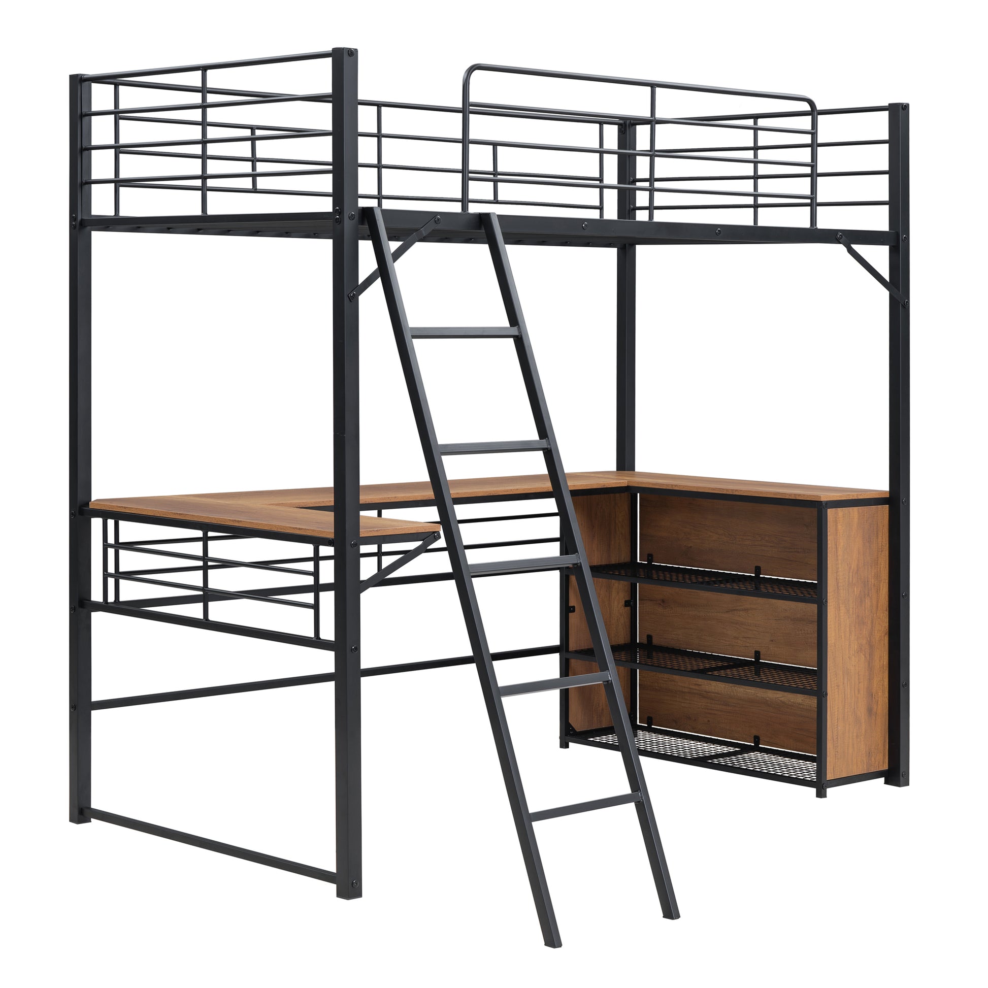 Twin Size Metal Loft Bed With 3 Layers Of Shelves And L Shaped Desk, Black Black Metal
