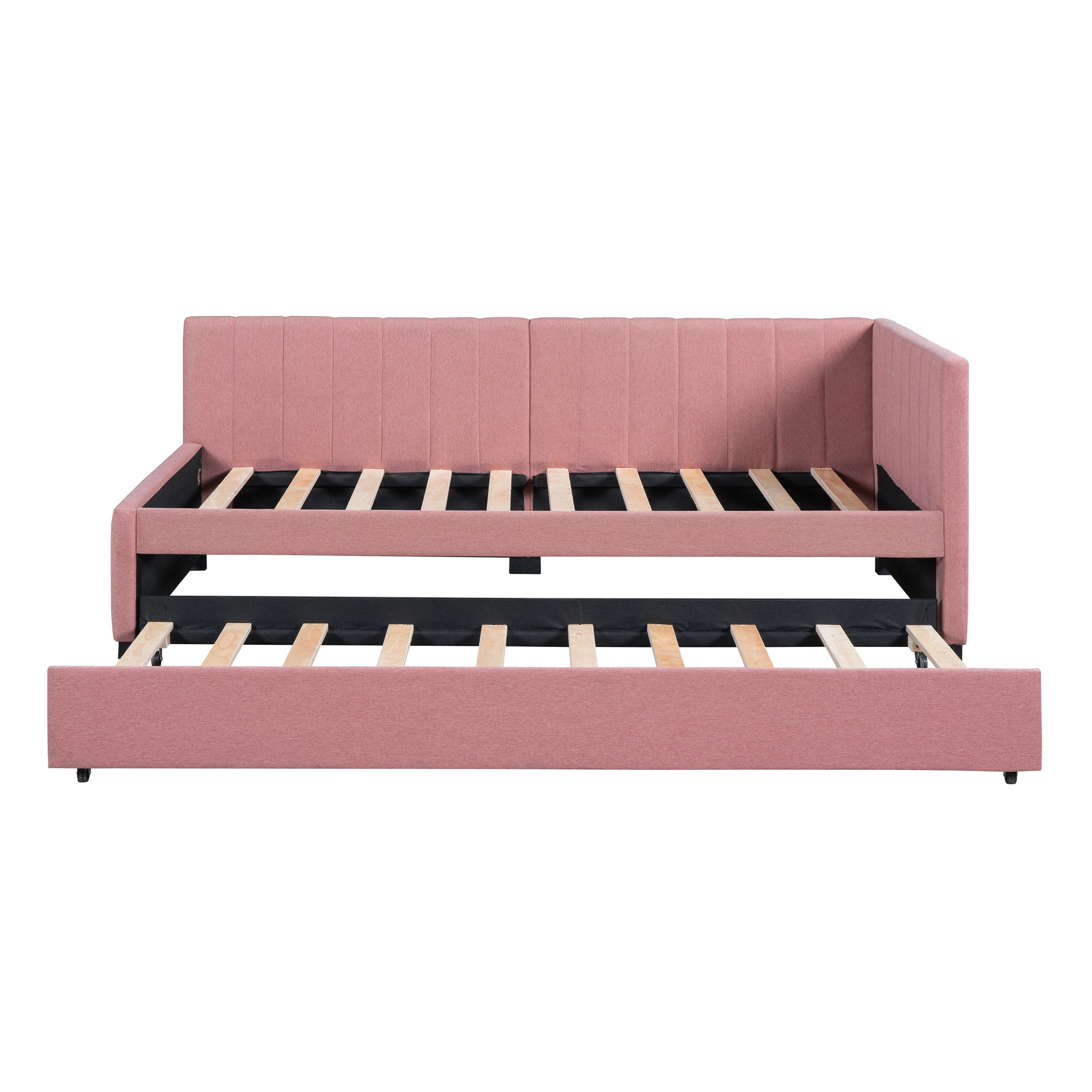 Upholstered Daybed With Trundle Twin Size Sofa Bed Frame No Box Spring Needed, Linen Fabric Pink Pink Linen