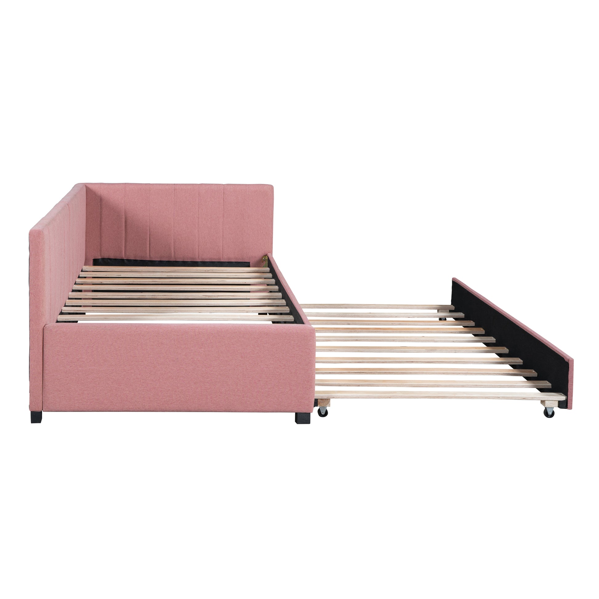 Upholstered Daybed With Trundle Twin Size Sofa Bed Frame No Box Spring Needed, Linen Fabric Pink Pink Linen