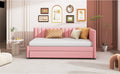 Upholstered Daybed With Trundle Twin Size Sofa Bed Frame No Box Spring Needed, Linen Fabric Pink Pink Linen