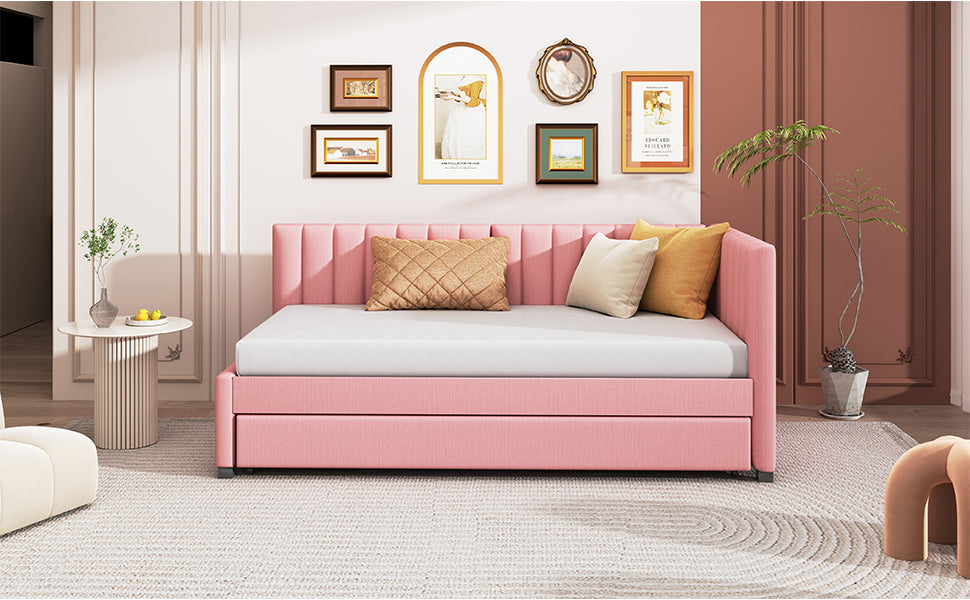 Upholstered Daybed With Trundle Twin Size Sofa Bed Frame No Box Spring Needed, Linen Fabric Pink Pink Linen
