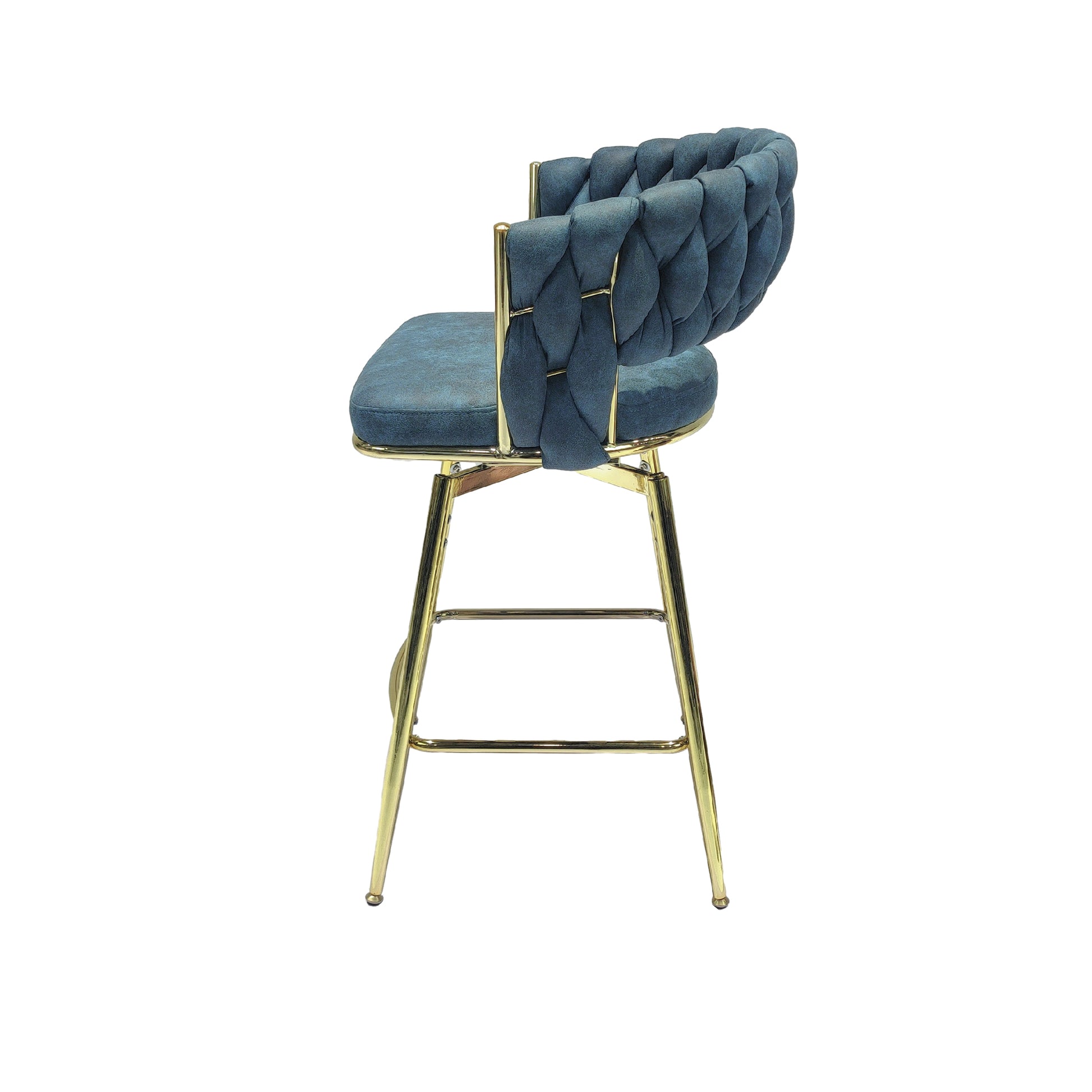 Bar Chair Suede Woven Bar Stool Set Of 4,Golden Legs Barstools No Adjustable Kitchen Island Chairs,360 Swivel Bar Stools Upholstered Bar Chair Counter Stool Arm Chairs With Back Footrest, Blue Metal Blue Kitchen Dining Chairs Foam Technical Leather