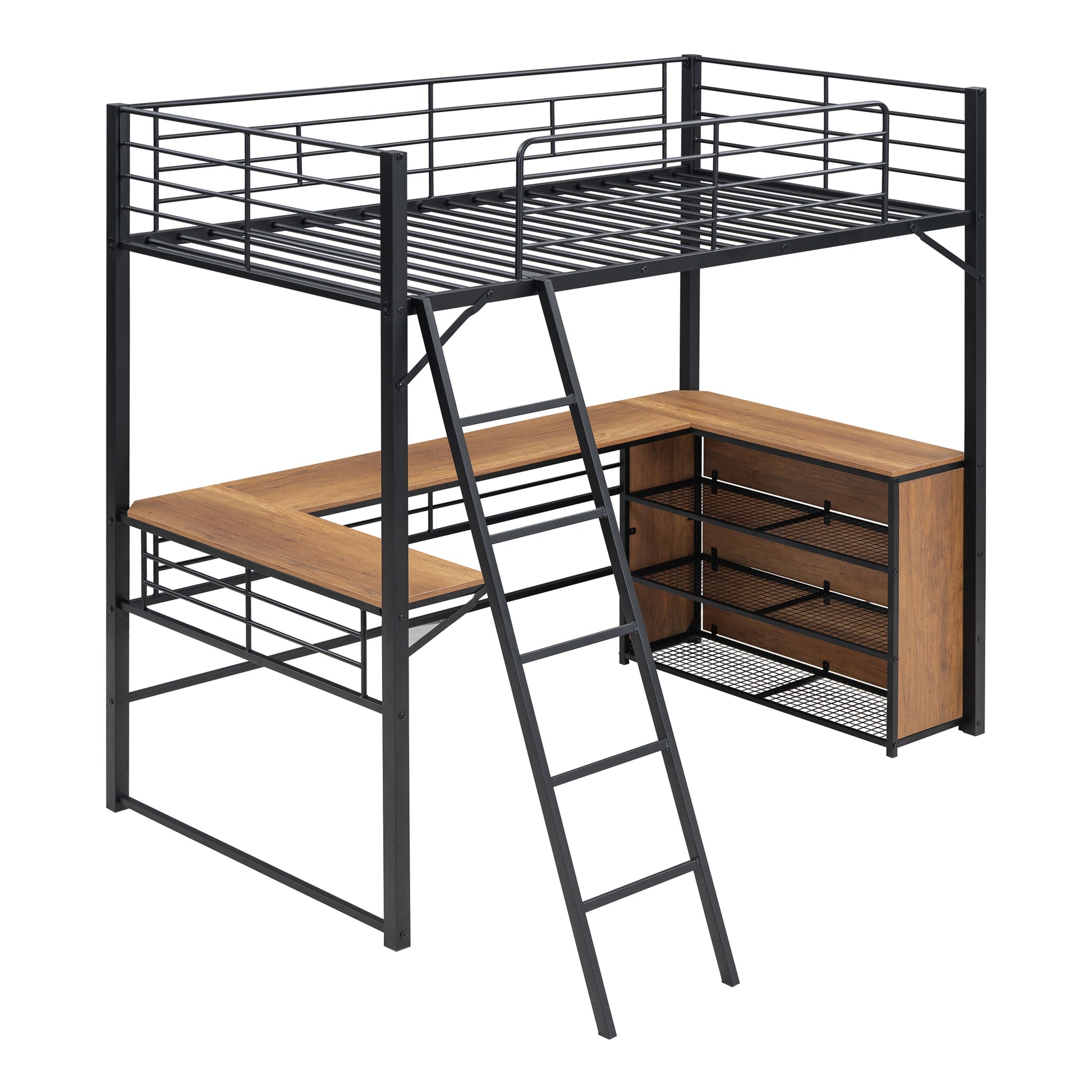 Twin Size Metal Loft Bed With 3 Layers Of Shelves And L Shaped Desk, Black Black Metal