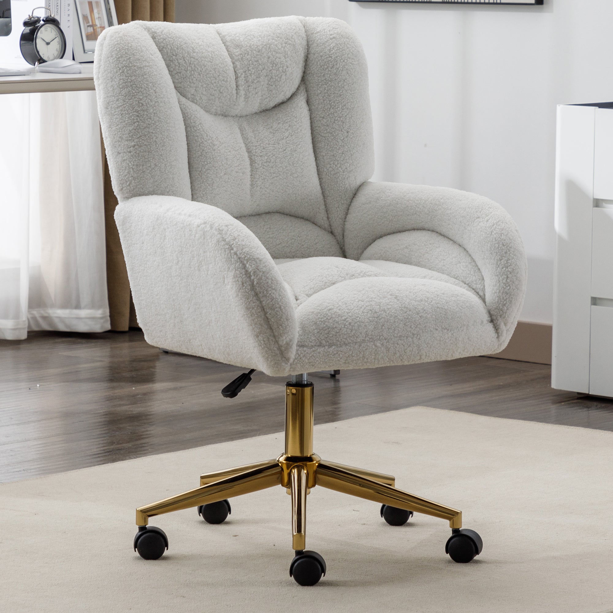 005 Teddy Fabric 360 Swivel Home Office Chair With Gold Metal Base And Universal Wheels,Ivory Solid Ivory Primary Living Space Sponge Wipe Clean Modern Office Chairs Tufted Back Foam Swivel Teddy