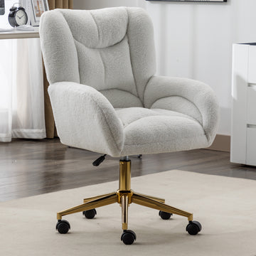 005 Teddy Fabric 360 Swivel Home Office Chair With Gold Metal Base And Universal Wheels,Ivory Solid Ivory Primary Living Space Sponge Wipe Clean Modern Office Chairs Tufted Back Foam Swivel Teddy