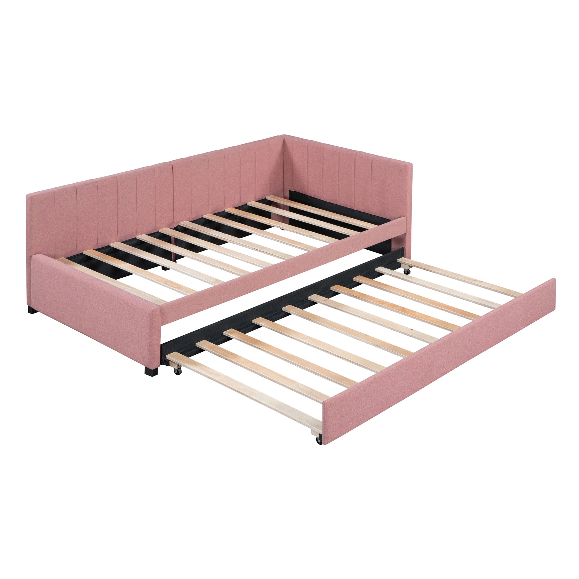 Upholstered Daybed With Trundle Twin Size Sofa Bed Frame No Box Spring Needed, Linen Fabric Pink Pink Linen