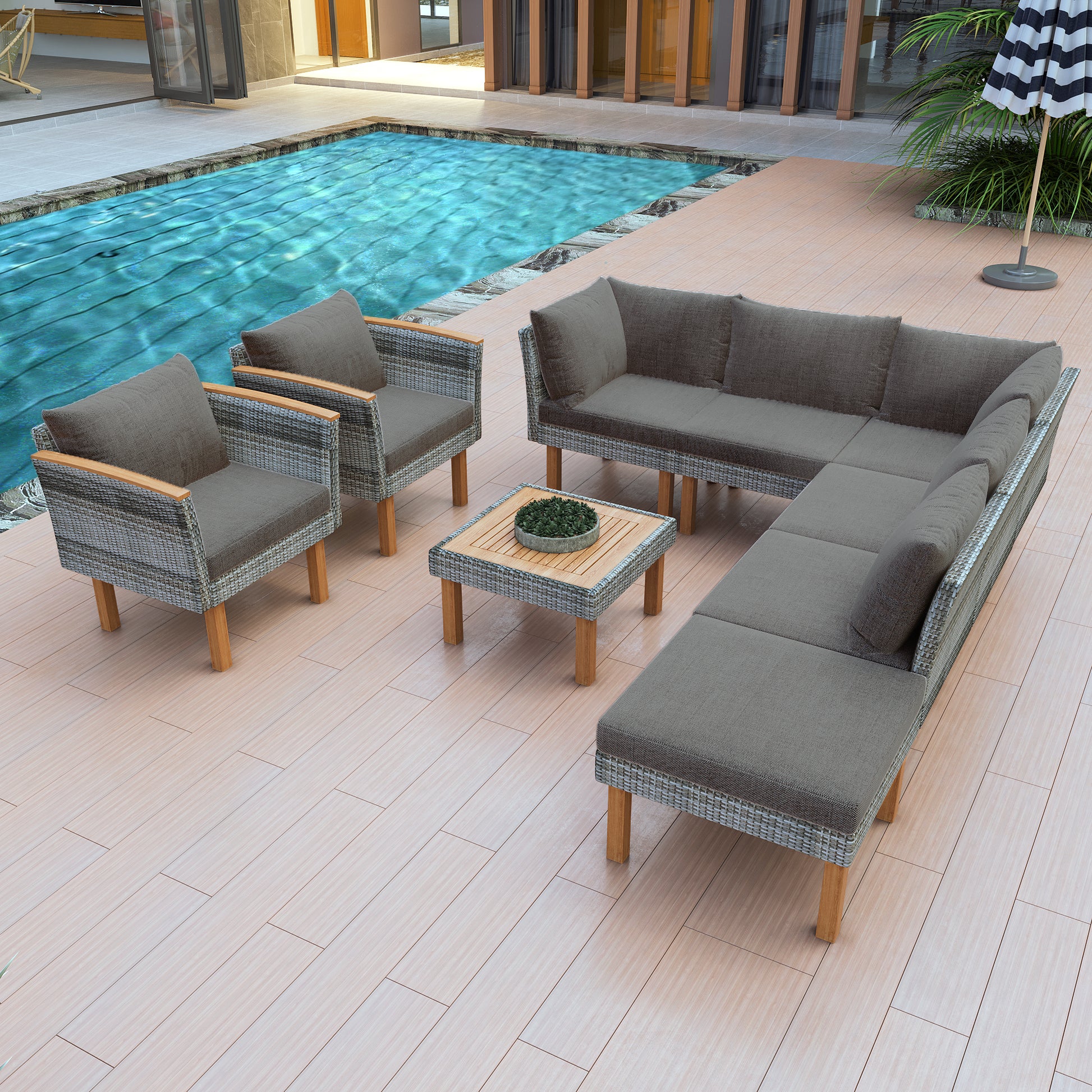 9 Piece Patio Rattan Furniture Set, Outdoor Conversation Set With Acacia Wood Legs And Tabletop, Pe Rattan Sectional Sofa Set With Coffee Table, Washable Cushion, Gray Yes Gray Weather Resistant Frame Garden & Outdoor Complete Patio Sets Foam Wicker