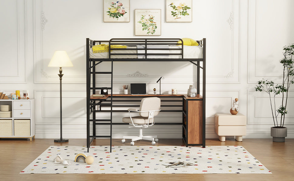 Twin Size Metal Loft Bed With 3 Layers Of Shelves And L Shaped Desk, Black Black Metal