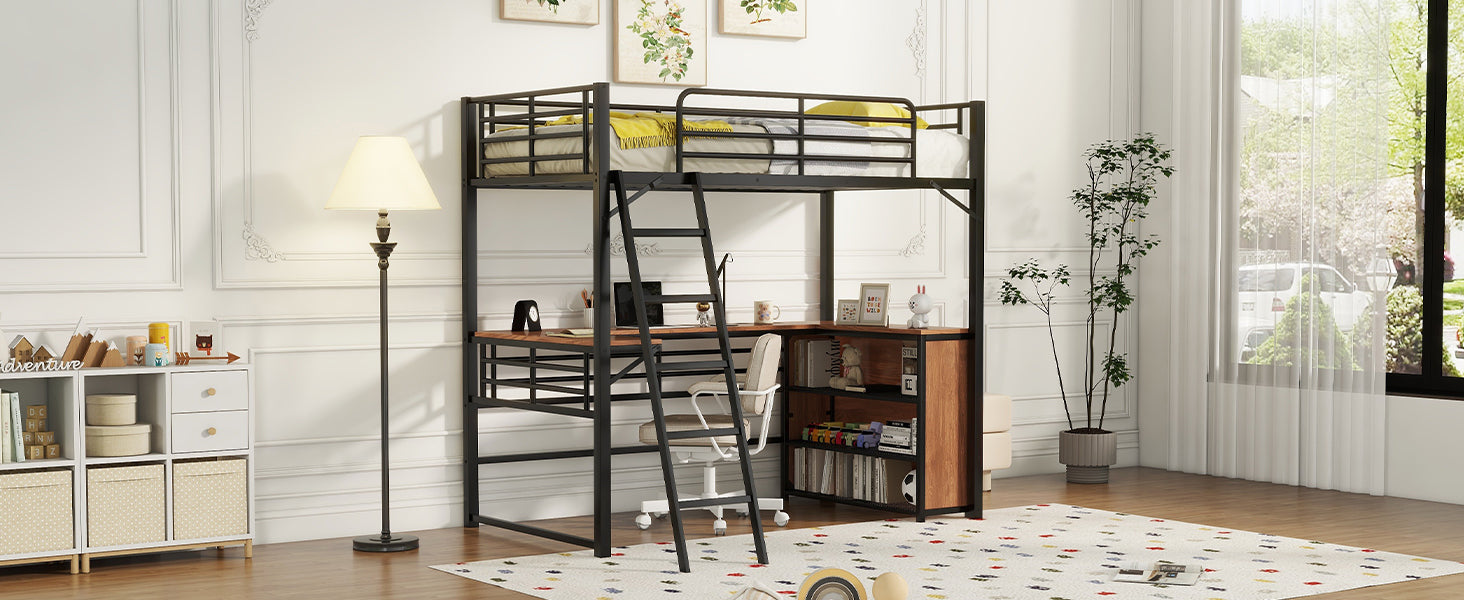 Twin Size Metal Loft Bed With 3 Layers Of Shelves And L Shaped Desk, Black Black Metal