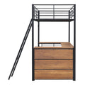 Twin Size Metal Loft Bed With 3 Layers Of Shelves And L Shaped Desk, Black Black Metal