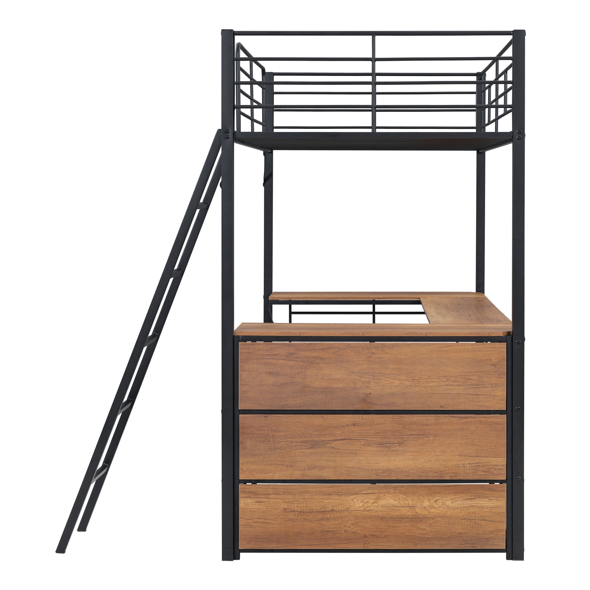 Twin Size Metal Loft Bed With 3 Layers Of Shelves And L Shaped Desk, Black Black Metal