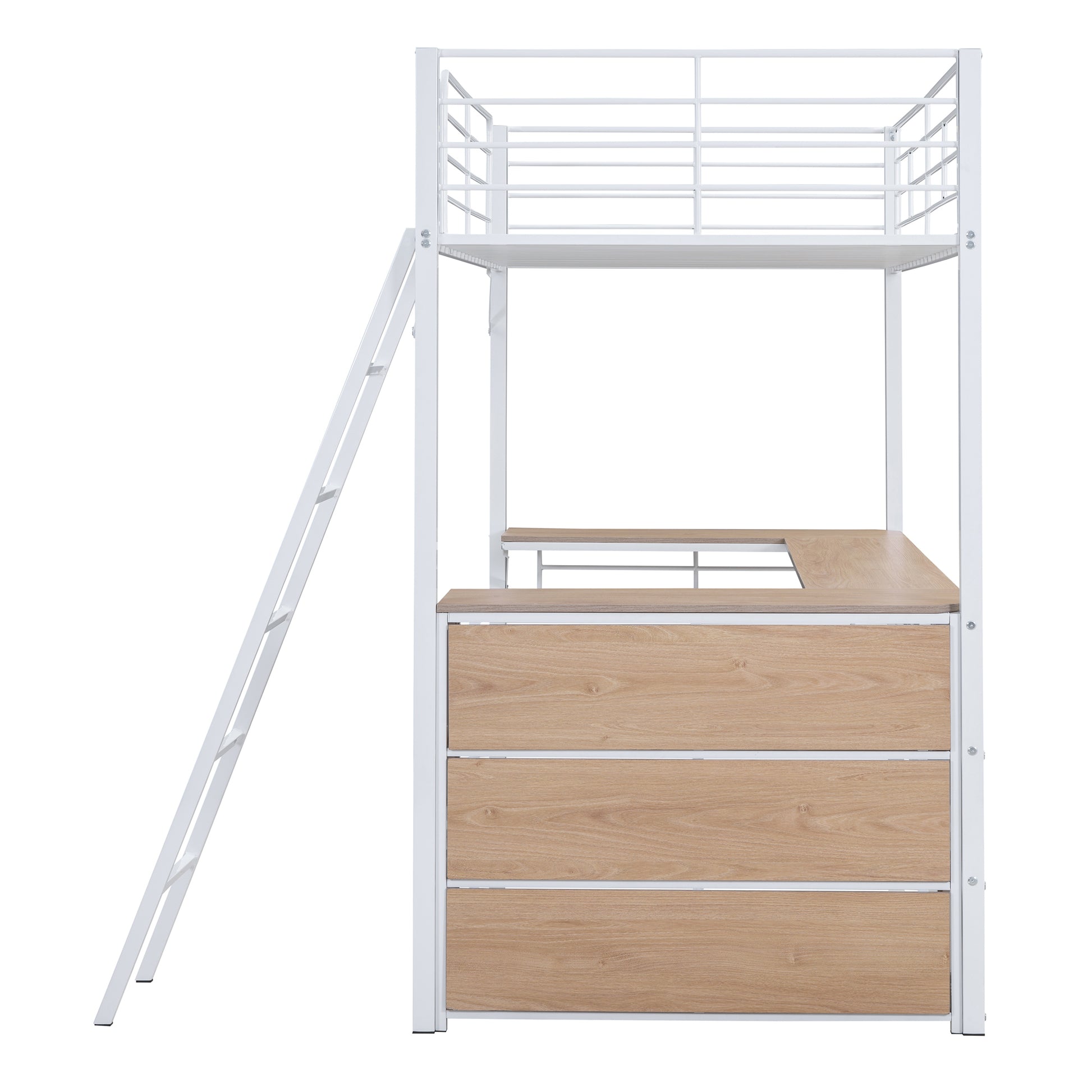 Twin Size Metal Loft Bed With 3 Layers Of Shelves And L Shaped Desk, White White Metal