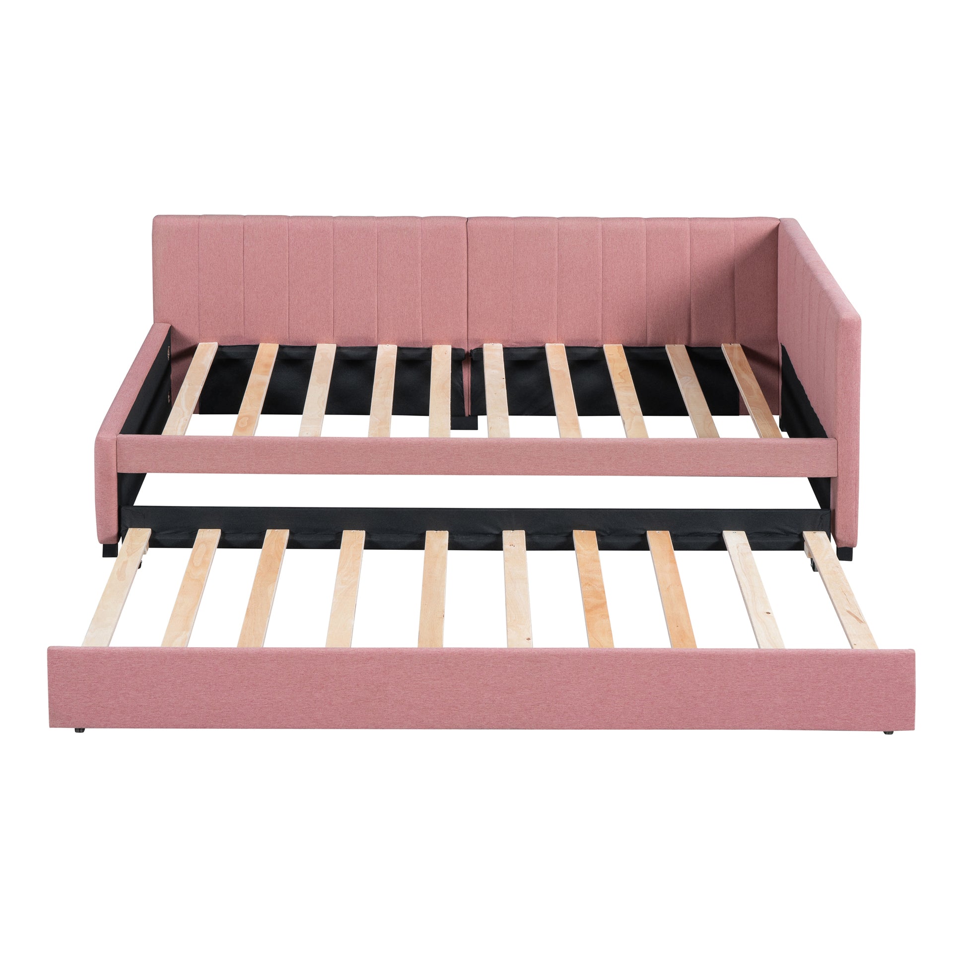 Upholstered Daybed With Trundle Twin Size Sofa Bed Frame No Box Spring Needed, Linen Fabric Pink Pink Linen