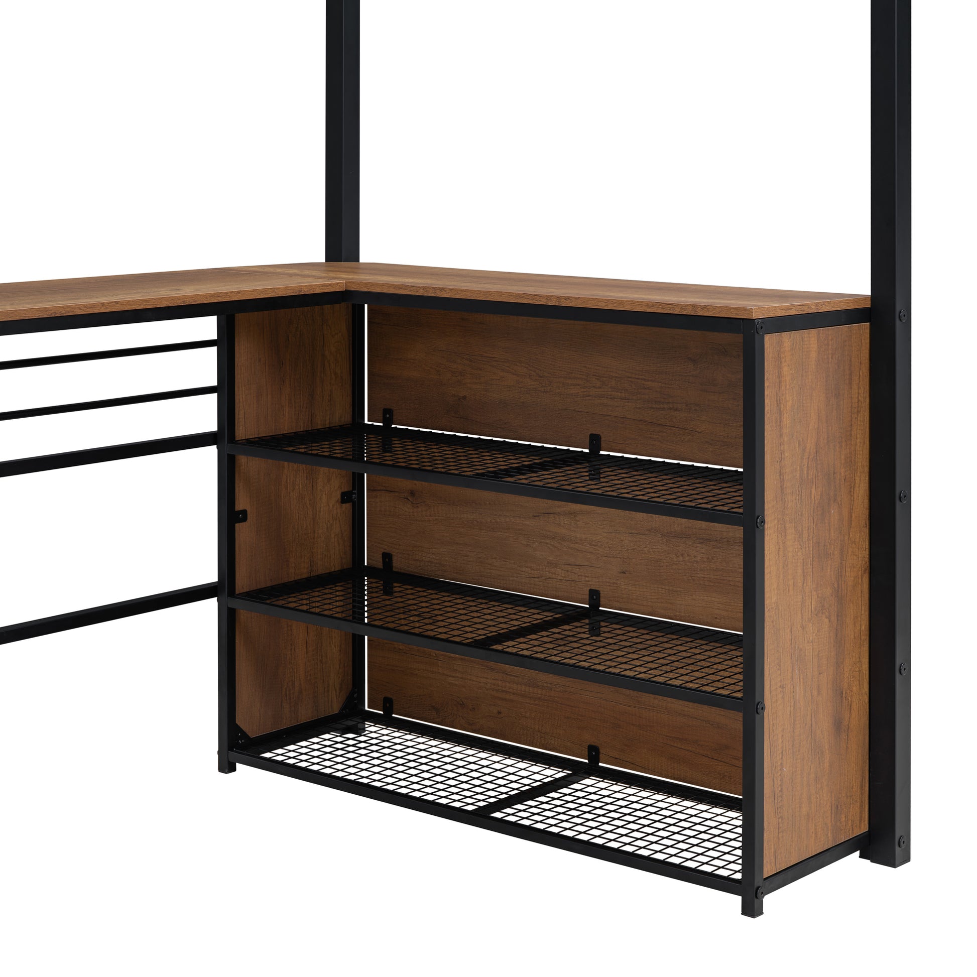 Twin Size Metal Loft Bed With 3 Layers Of Shelves And L Shaped Desk, Black Black Metal