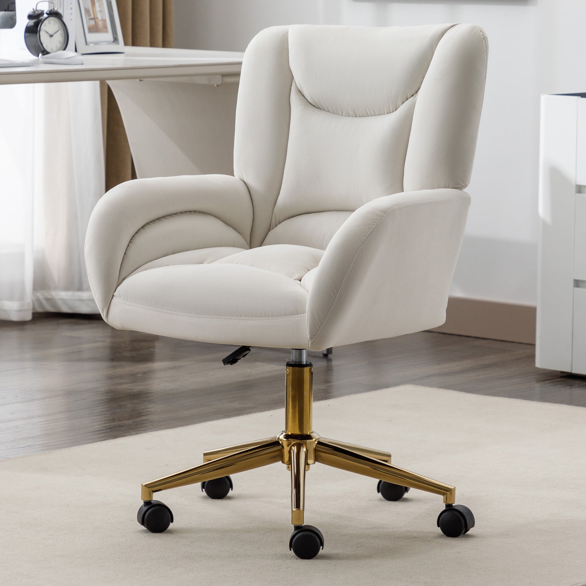 005 Velvet Fabric 360 Swivel Home Office Chair With Gold Metal Base And Universal Wheels,Ivory Solid Ivory Office Sponge Wipe Clean Modern Office Chairs Tufted Back Foam Swivel Velvet