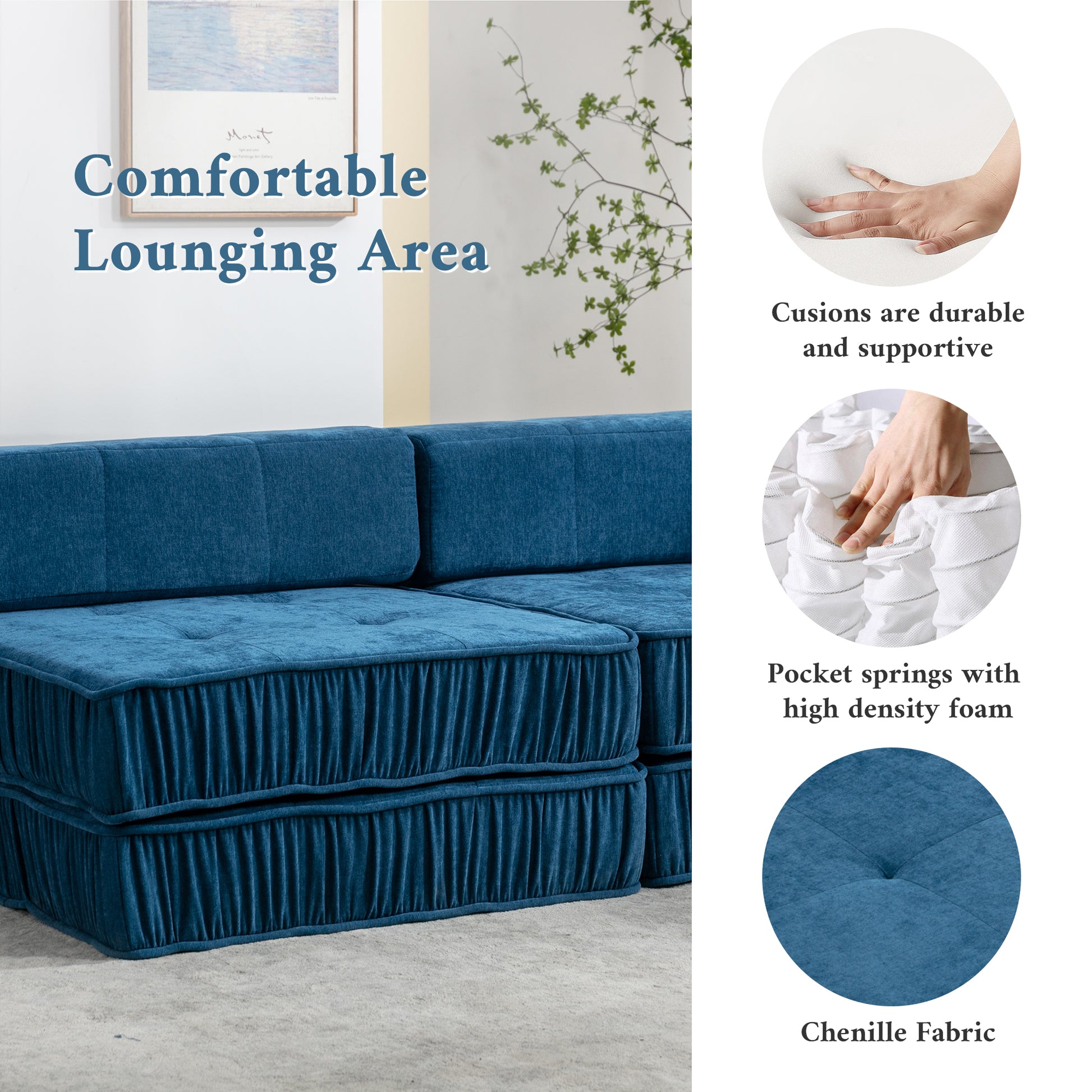 Folding Sofa Bed, Futon Sleeper Chair, Convertible Chair Floor Couch & Sleeping Mattress For Living Room, Guest Room, Home Office, Apartment, Small Space, Bed, Removable Back Cushion, Blue, 1 Seat Blue Chenille Primary Living Space Pillow Back Soft
