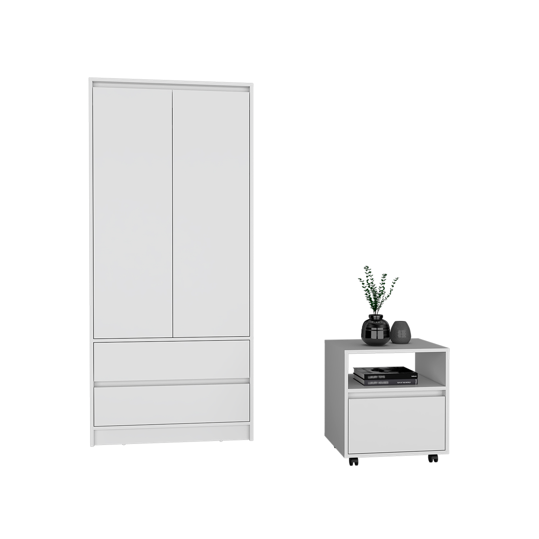 Laurel 2 Piece Bedroom Set, Nightstand Armoire, White White Particle Board Engineered Wood
