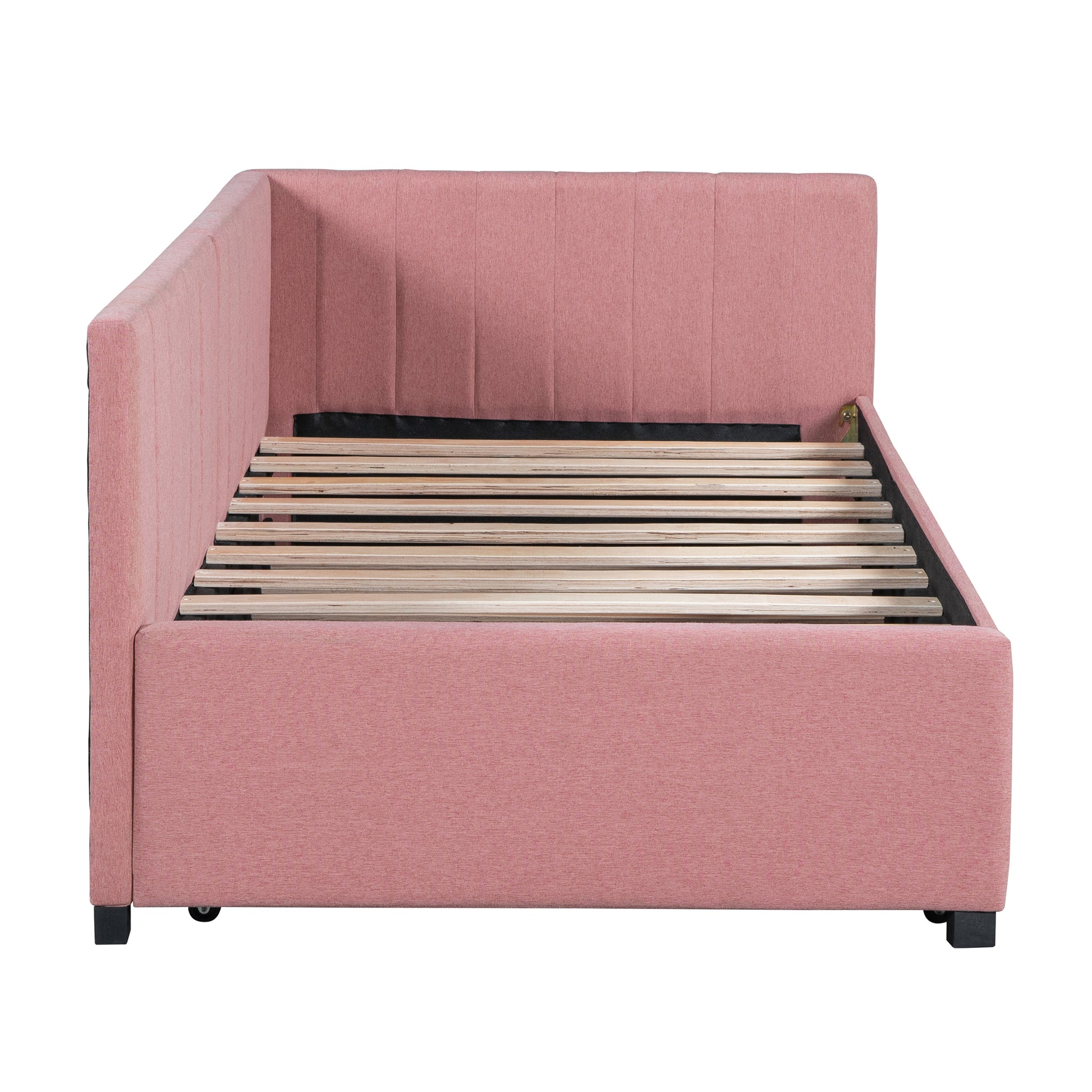 Upholstered Daybed With Trundle Twin Size Sofa Bed Frame No Box Spring Needed, Linen Fabric Pink Pink Linen