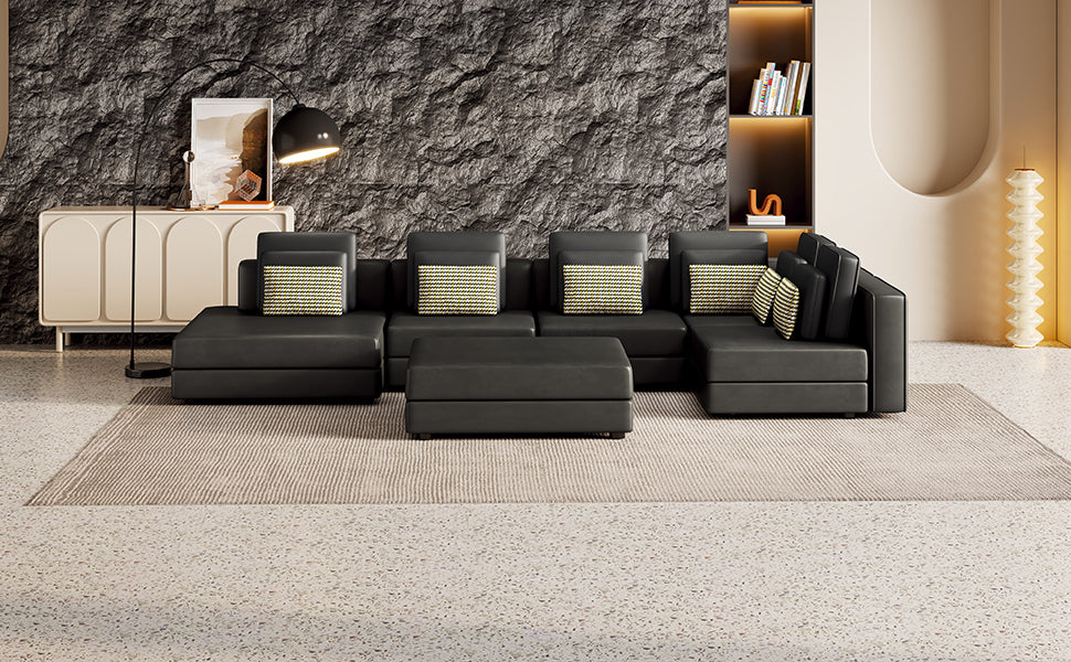 112.7" Modular Sectional Sofa Corner Sofa Chaise Lounge With Movable Ottoman For Living Room, Black Black Foam Palomino Fabric