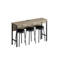 3 Drawer Long Dining Table Set With Power Outlets, Bar Kitchen Table Set With Circular Pu Stools, Easy Assemble, Brown Gray Table Black Stool Upholstered Chair Wood Black Metal Dining Table With Chair Mdf Metal
