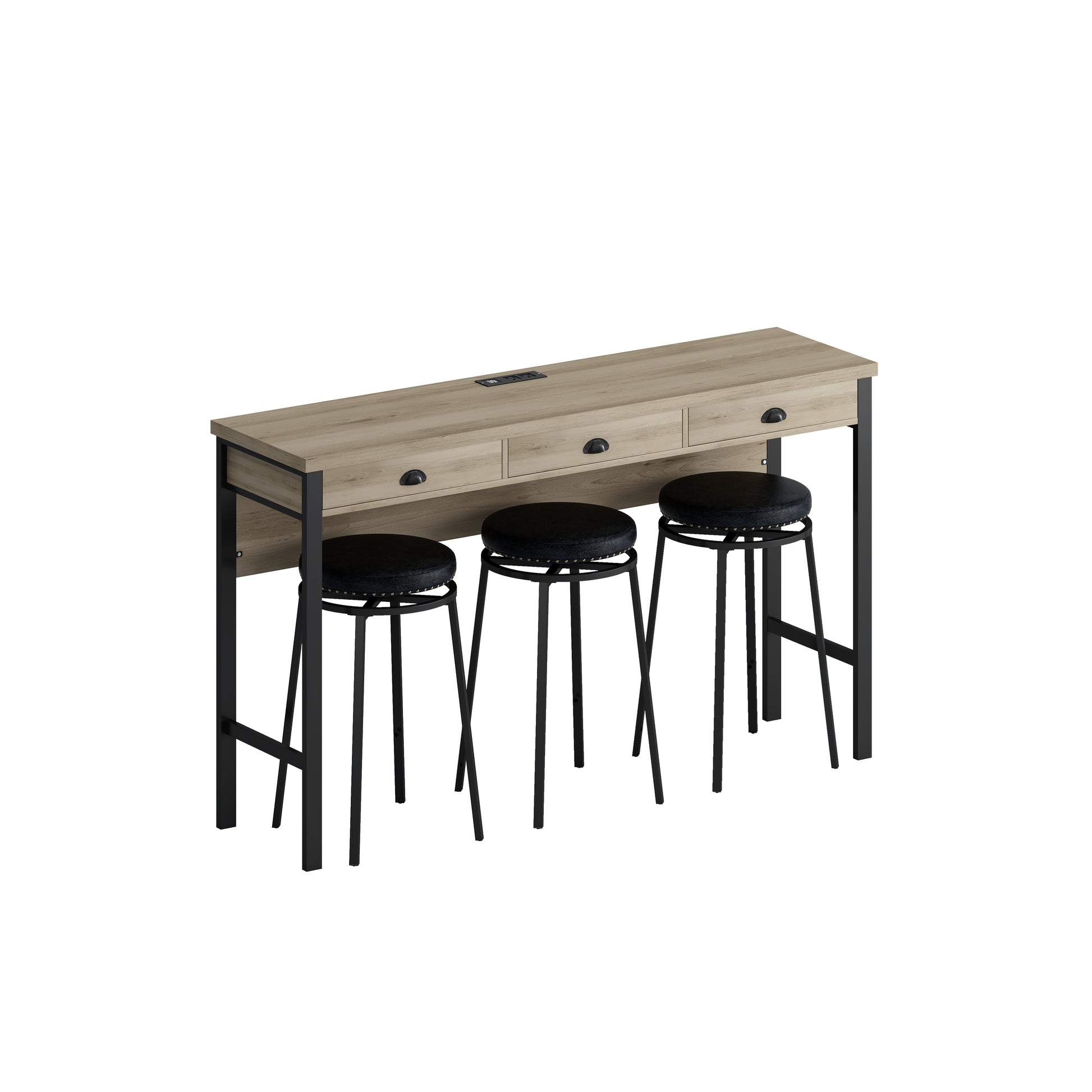 3 Drawer Long Dining Table Set With Power Outlets, Bar Kitchen Table Set With Circular Pu Stools, Easy Assemble, Brown Gray Table Black Stool Upholstered Chair Wood Black Metal Dining Table With Chair Mdf Metal