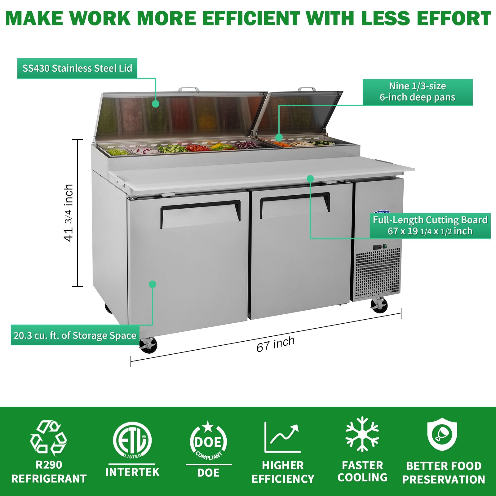 Orikool 67 In Commercial Pizza Prep Table With A Built In Refrigerator 20.3 Cu.Ft, Butcher Block Cutting Board, Protection Lid, Cold Storage, And Smooth Rolling Casters, Etl Certified Silver Stainless Steel