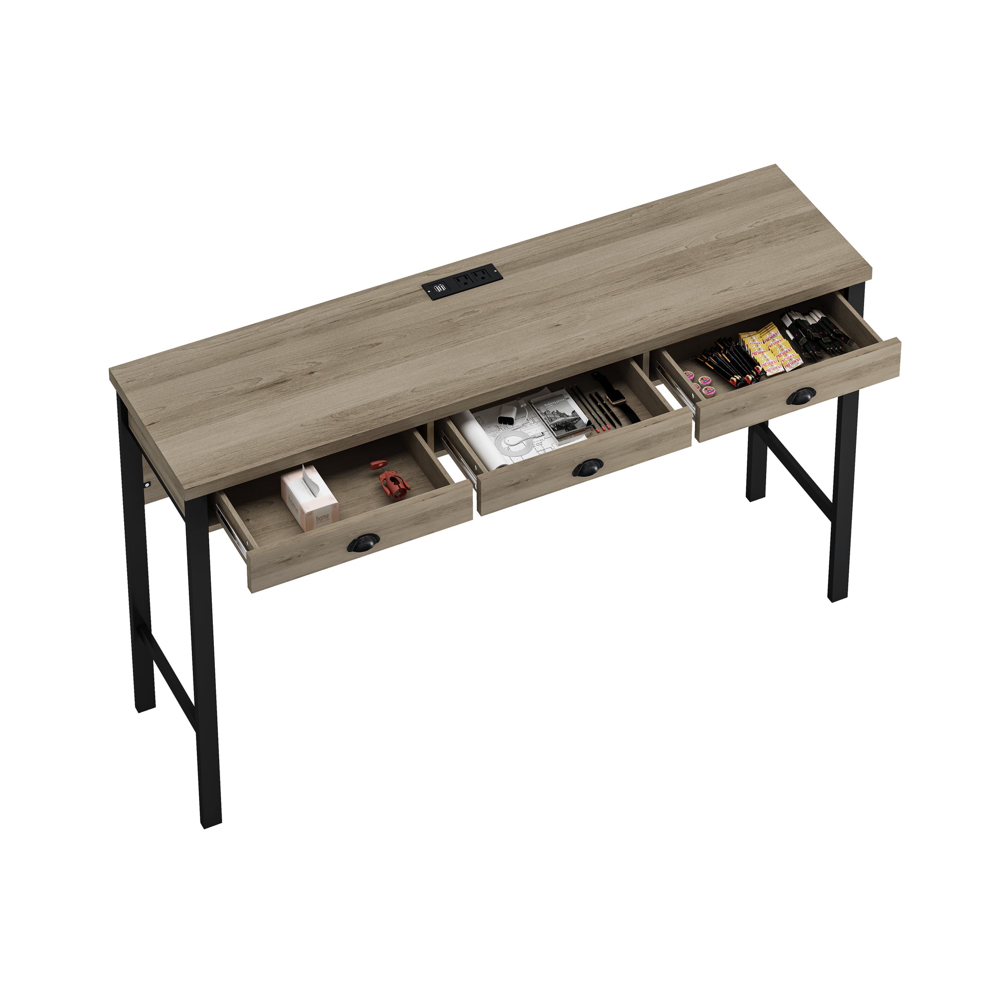 3 Drawer Long Dining Table Set With Power Outlets, Bar Kitchen Table Set With Circular Pu Stools, Easy Assemble, Brown Gray Table Black Stool Upholstered Chair Wood Black Metal Dining Table With Chair Mdf Metal