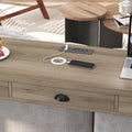 3 Drawer Long Dining Table Set With Power Outlets, Bar Kitchen Table Set With Circular Pu Stools, Easy Assemble, Brown Gray Table Black Stool Upholstered Chair Wood Black Metal Dining Table With Chair Mdf Metal