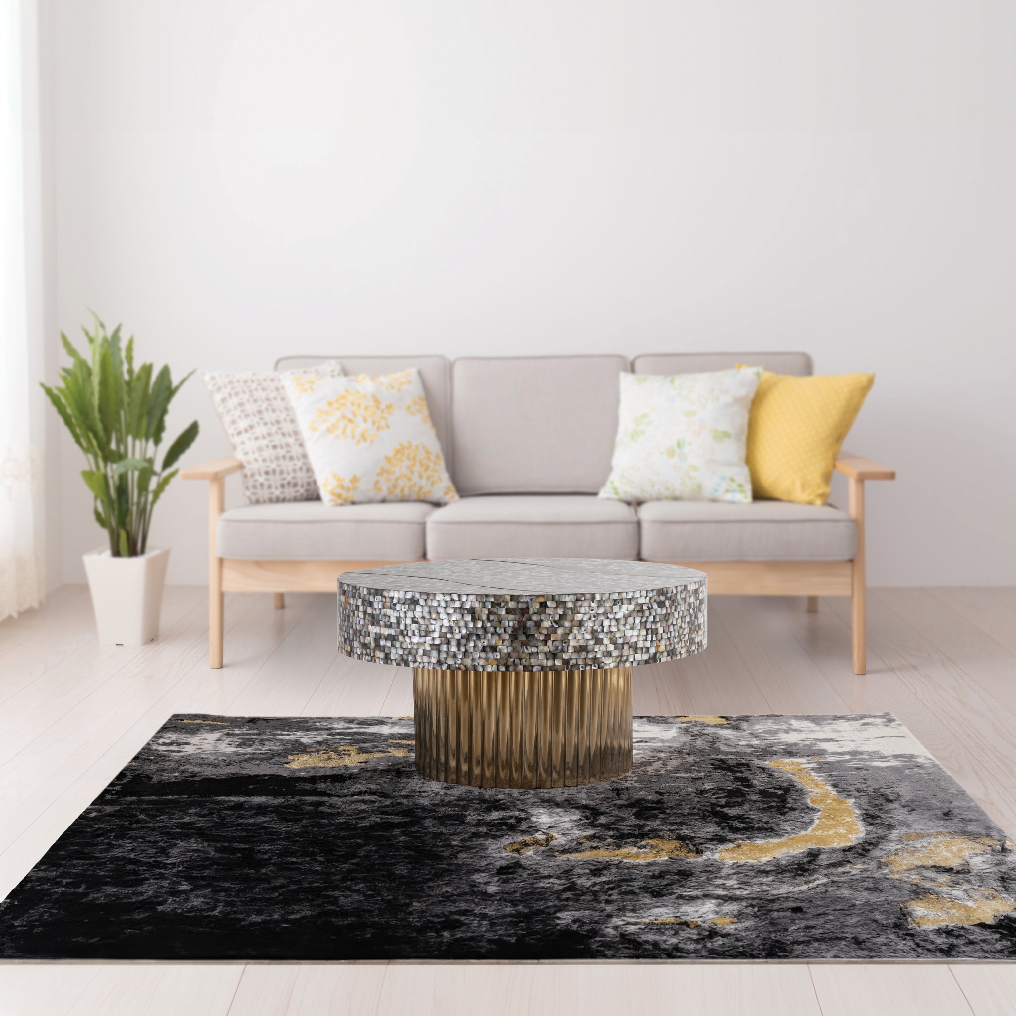 T 1207 32 Coffee Table Finished With Mother Of Pearl Top Antique Brass Primary Living Space Modern Round Open Storage Coffee & End Tables Glossy Stainless Steel