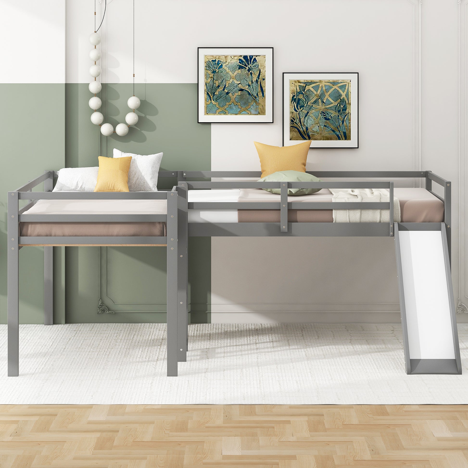 L Shaped Twin Size Loft Bed With Ladder And Slide, Gray Gray Solid Wood Mdf