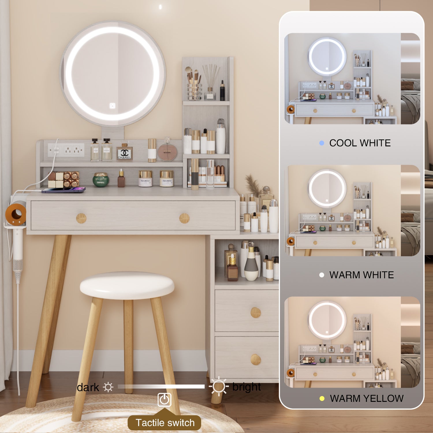 Round Mirror Bedside Cabinet Vanity Table Cushioned Stool, With 2 Ac Power 2 Usb Socket, 17" Diameter Led Mirror, Touch Control, 3 Color, Brightness Adjustable, Large Desktop, Multi Layer Storage White Oak Mdf