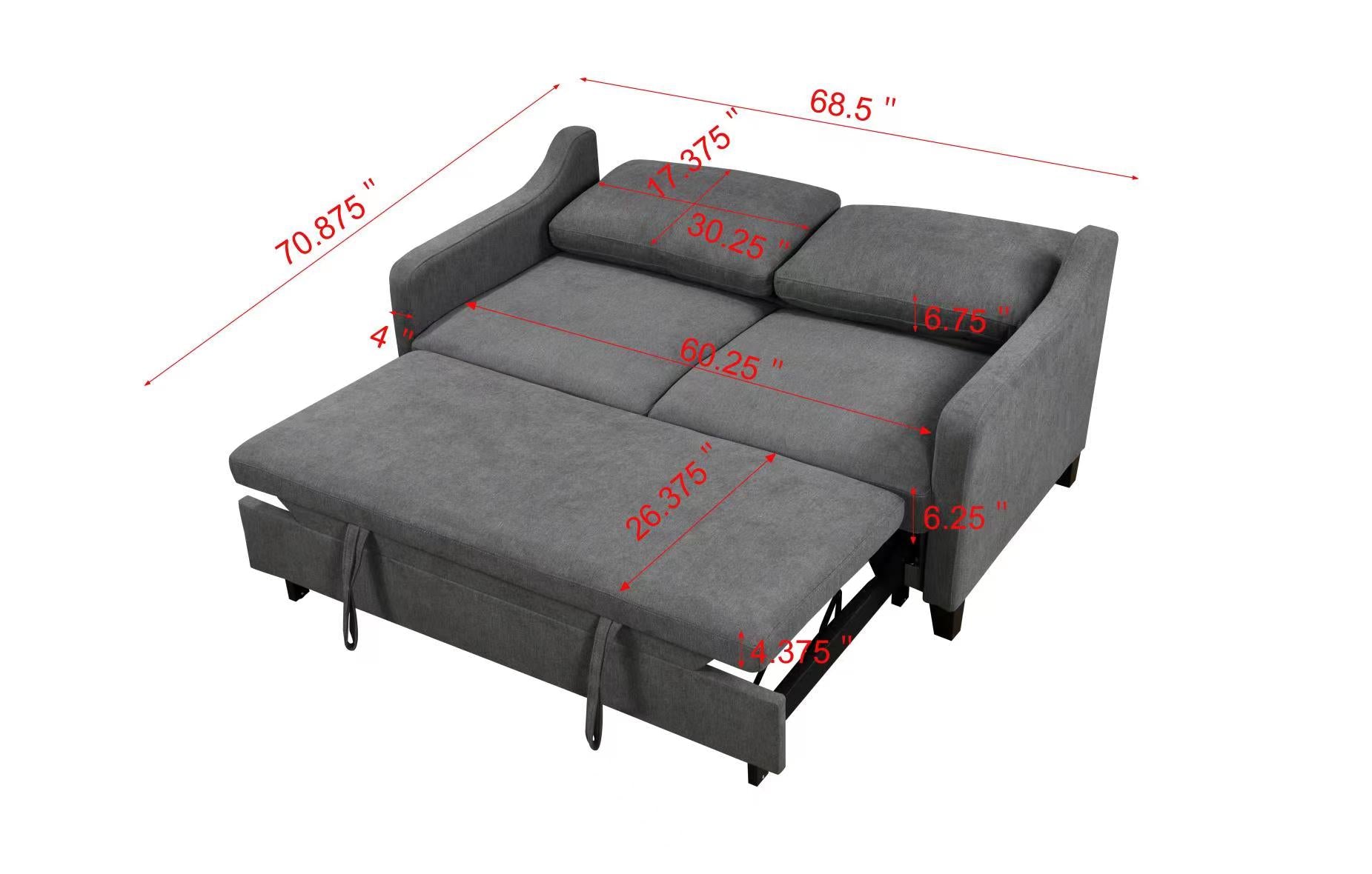 69" 3 In 1 Convertible Queen Sleeper Sofa Bed, Modern Fabric Loveseat Futon Sofa Couch W Pullout Bed, Beautiful Seat Lounge Sofa W Reclining Backrest, Furniture For Living Room, Dark Grey Espresso Wood Primary Living Space Extra Heavy Duty Eucalyptus 3