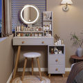 Round Mirror Bedside Cabinet Vanity Table Cushioned Stool, 17