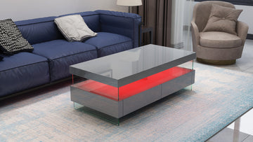 Ria Modern & Contemporary Style Built In Led Style Coffee Table In Gray Color Made With Wood & Glossy Finish Gray Primary Living Space Modern Rectangular Drawers Coffee & End Tables Glossy Solid Wood Mdf Wood