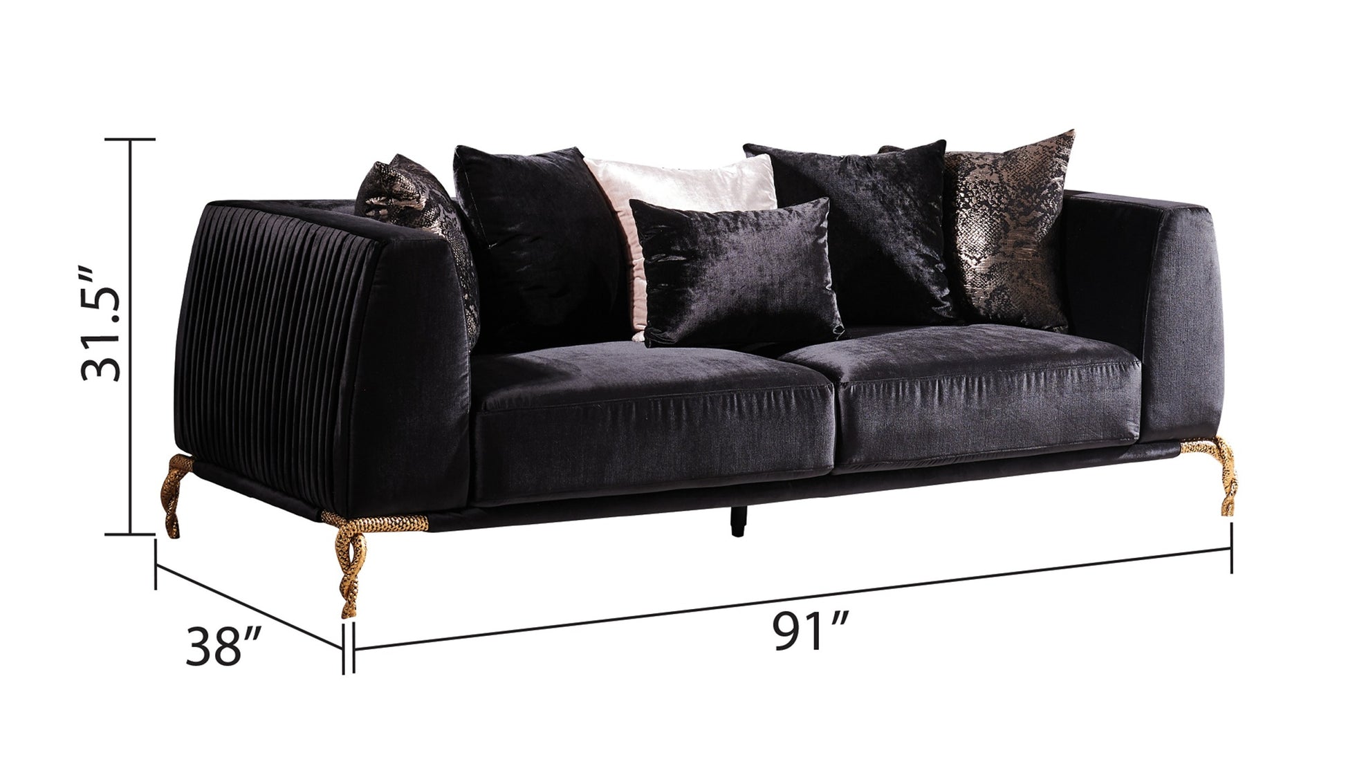 Majestic Shiny Thick Velvet Fabric Upholstered 2Pc Living Room Set Made With Wood In Black Black Velvet Wood Primary Living Space Tight Back Contemporary,Modern Upholstered Wood 5 Seat