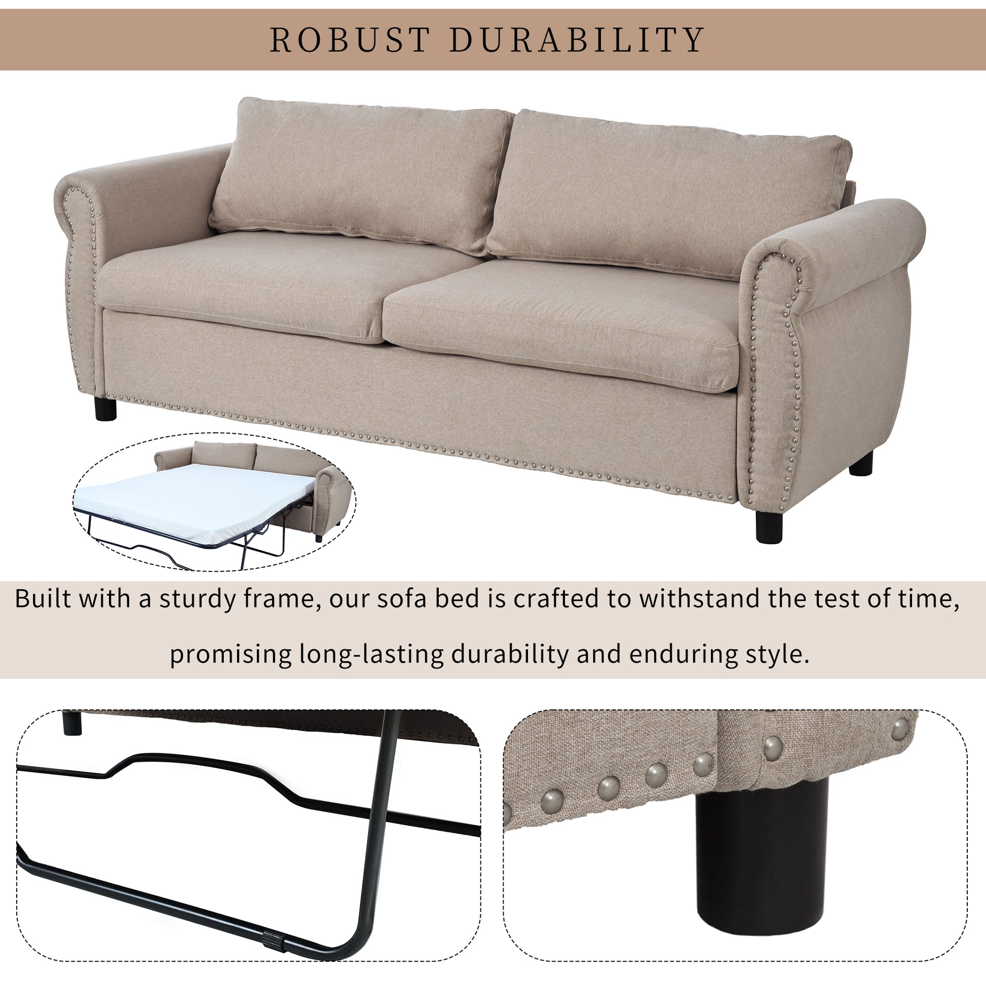 80.7'' 2 In 1 Sofa Bed Sleeper With Large Mattress 63''*70.9*3.3 Inch , For Living Room Spaces Bedroom Beige Polyester