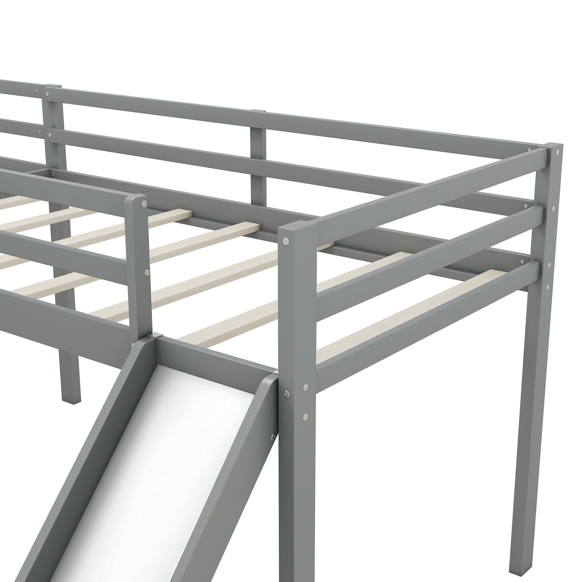 L Shaped Twin Size Loft Bed With Ladder And Slide, Gray Gray Solid Wood Mdf