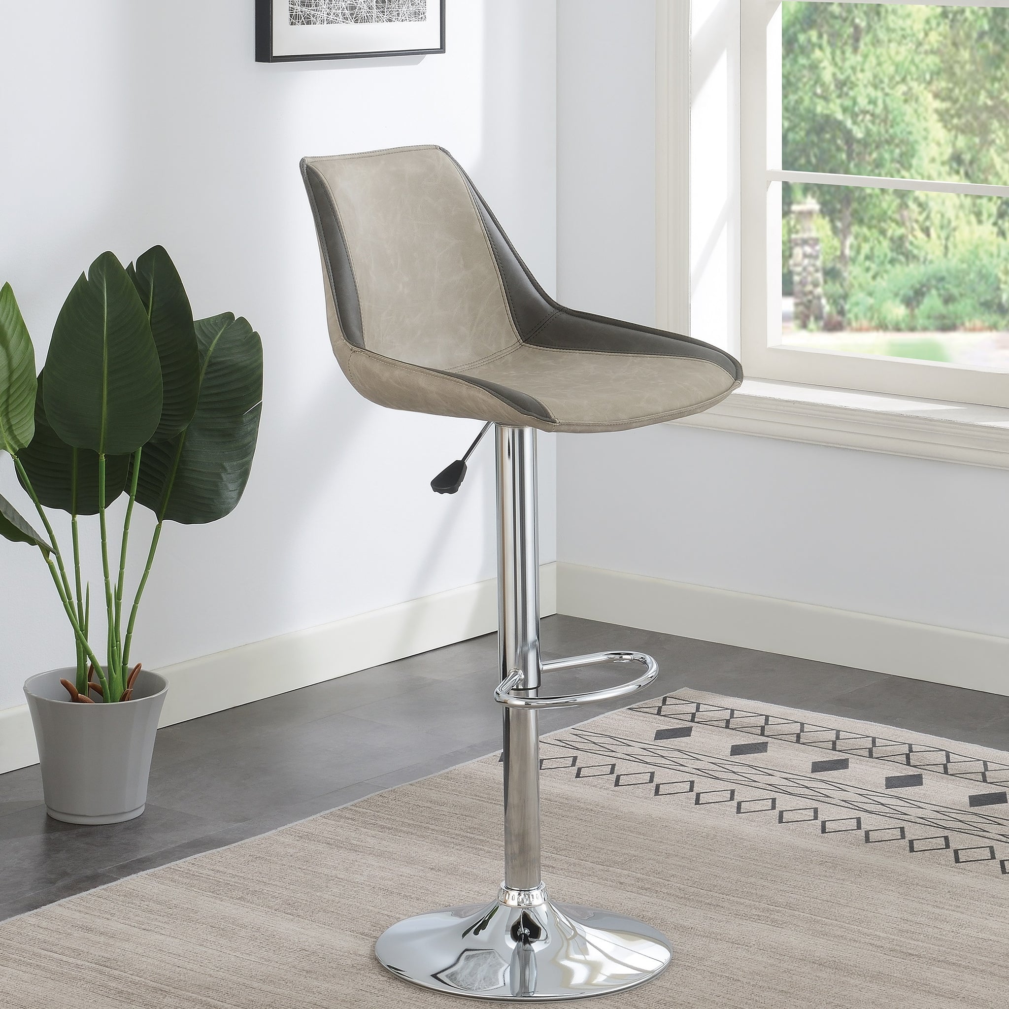 Dining Kitchen Adjustable Bar Stool Chair Light Grey Wax Polyurethane Leather Chrome Base Modern Set Of 2 Chairs Bar Stool Light Grey Dining Room Contemporary,Modern Bar Stools Solid Back Metal