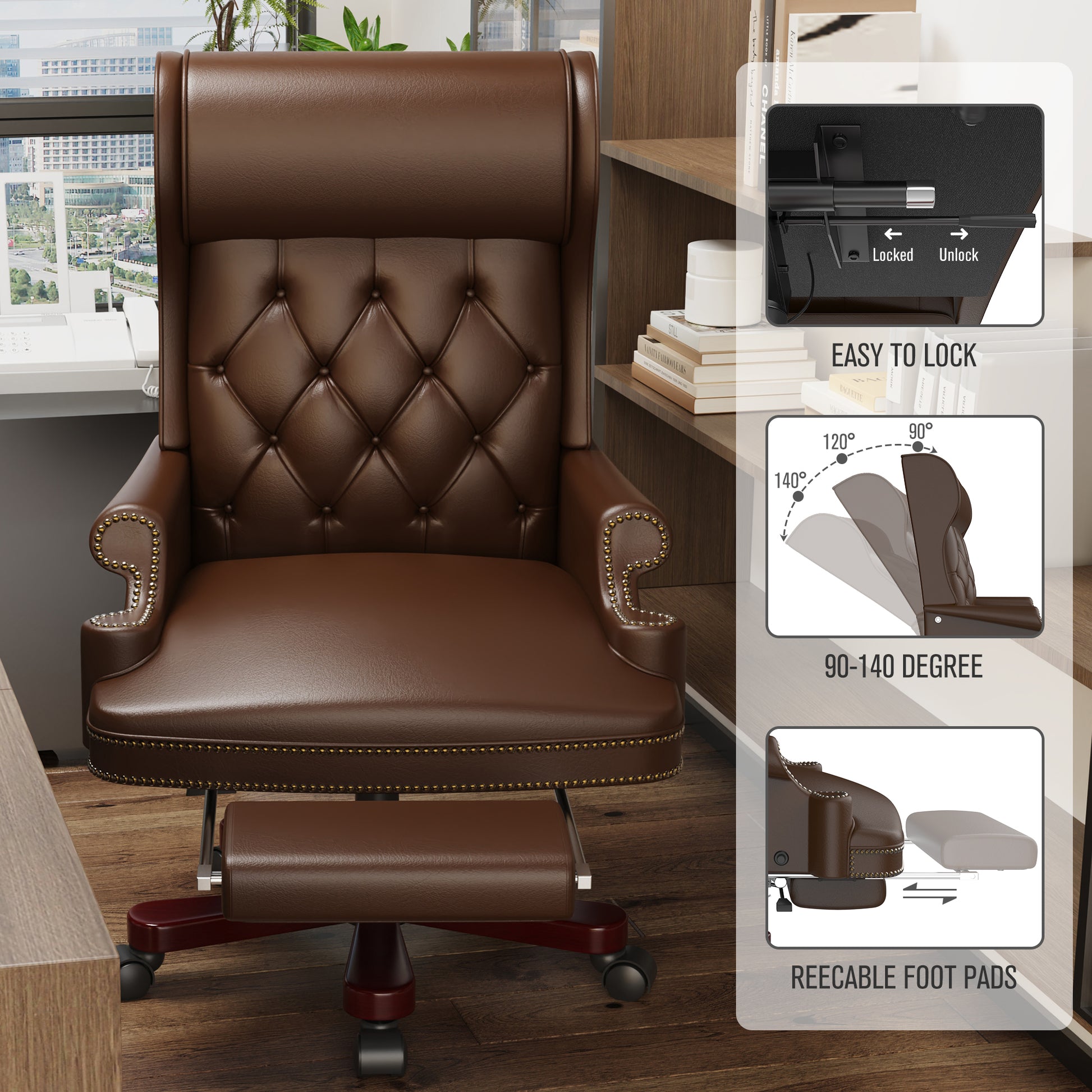 330Lbs Executive Office Chair With Footstool, Ergonomic Design High Back Reclining Comfortable Desk Chair Brown Brown Pu Leather