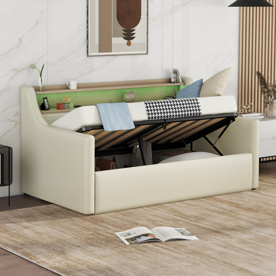 Twin Size Daybed With Hydraulic Storage, Upholstered Daybed With Lift Up Storage, Twin Leather Daybed With Charging Station And Led Lights,Beige Twin Beige Pu Leather