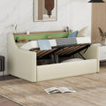 Twin Size Daybed With Hydraulic Storage, Upholstered Daybed With Lift Up Storage, Twin Leather Daybed With Charging Station And Led Lights,Beige Twin Beige Pu Leather
