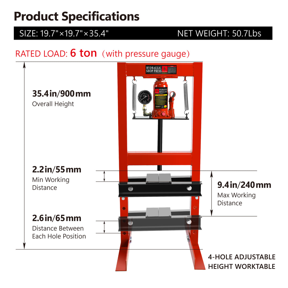 6 Ton Hydraulic Shop Floor Press, With Pressure Gauge Steel H Frame Shop Press With Steel Plates Adjustable Working Table, Red Red Steel