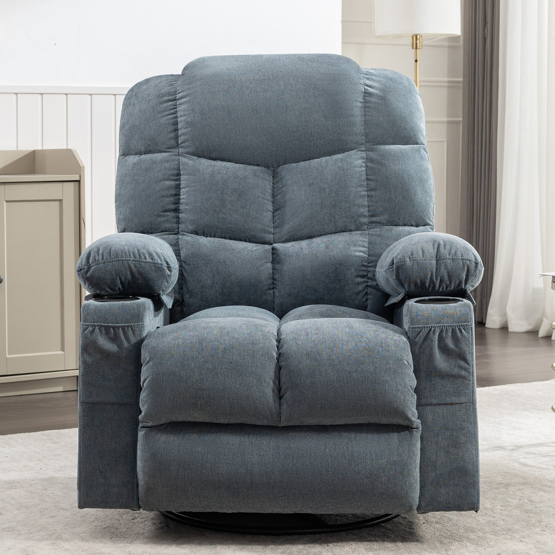 Massage Rocker Recliner Chair Rocking Chairs For Adults Oversized With 2 Cup Holders, Usb Charge Port Soft Features A Manual Massage And Heat.A B Blue Blue Soft Heavy Duty Foam Metal & Wood