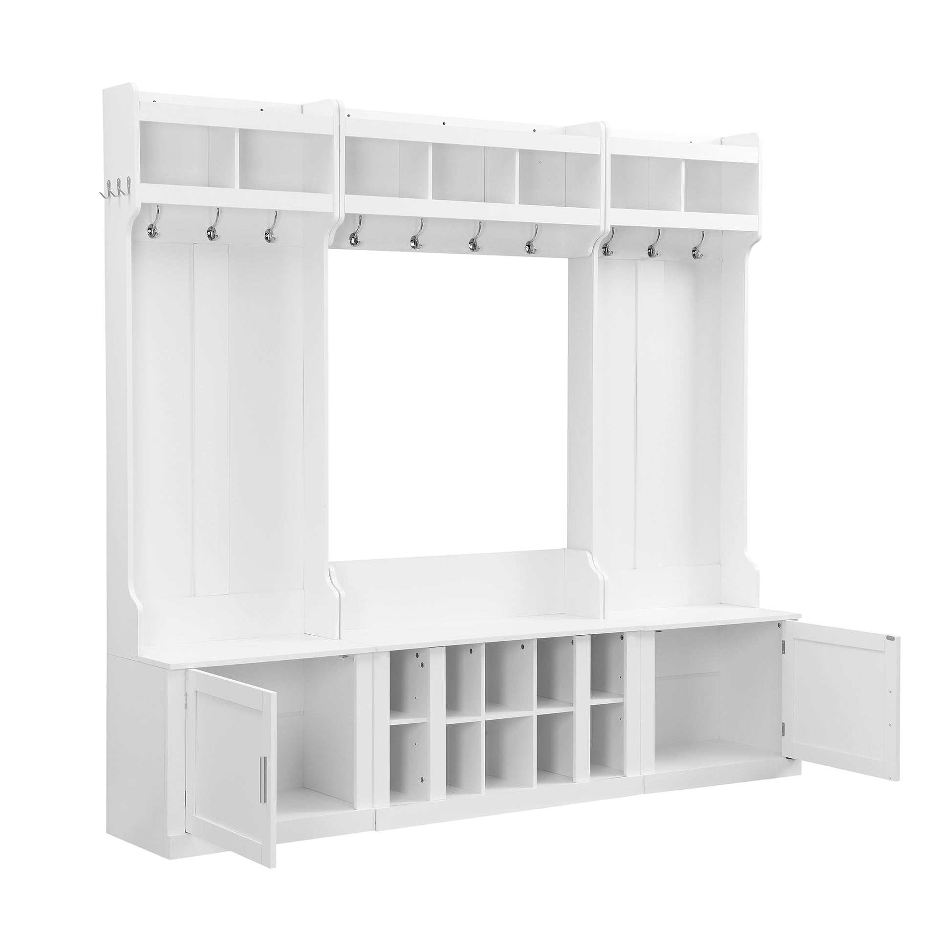 Wide Design Hall Tree With Storage And Bench, 4 In 1 Multi Functional Entryway Bench With Coat Rack And Shoe Cubbies, Practical Furniture For Hallway, White White Primary Living Space Particle Board