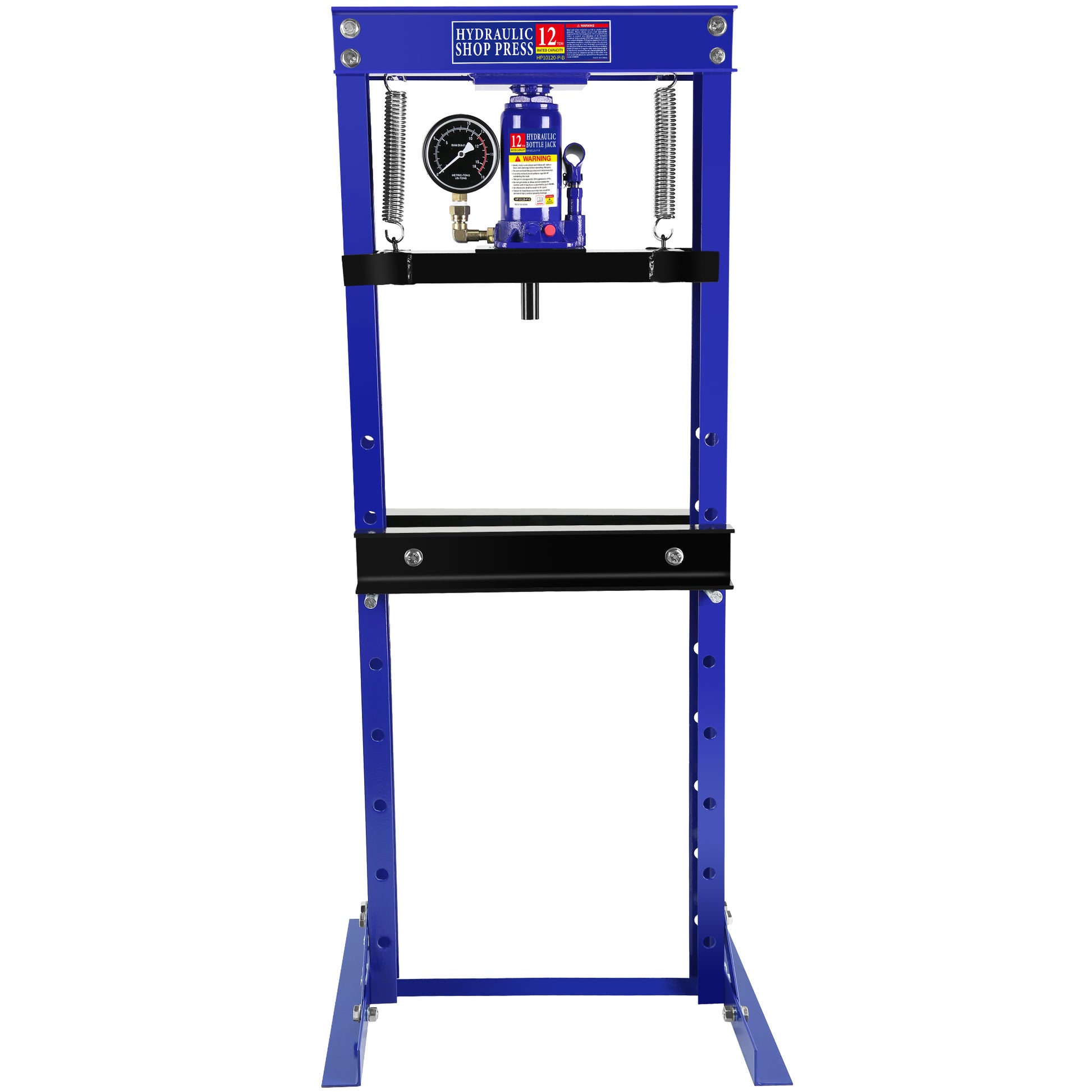 Steel H Frame Hydraulic Shop Press With Stamping Plates To Bend, Straighten, Or Press Parts, With A Pressure Gauge, Install Bearings And U Joints, 12 Ton 24,000 Lb Capacity Blue Steel